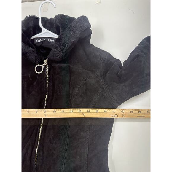 Baby Phat Womens Jacket Size Small Black Leather Faux Fur Lined Hooded ZipUp Y2K - Picture 10 of 14
